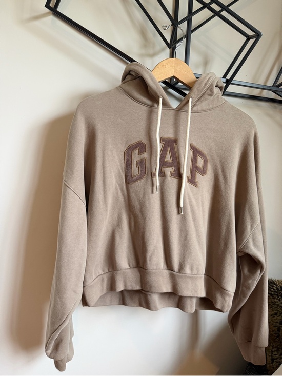 GAP Tops - GAP Women's VintageSoft Taupe Cropped Hooded Sweatshirt with Cream Drawstrings